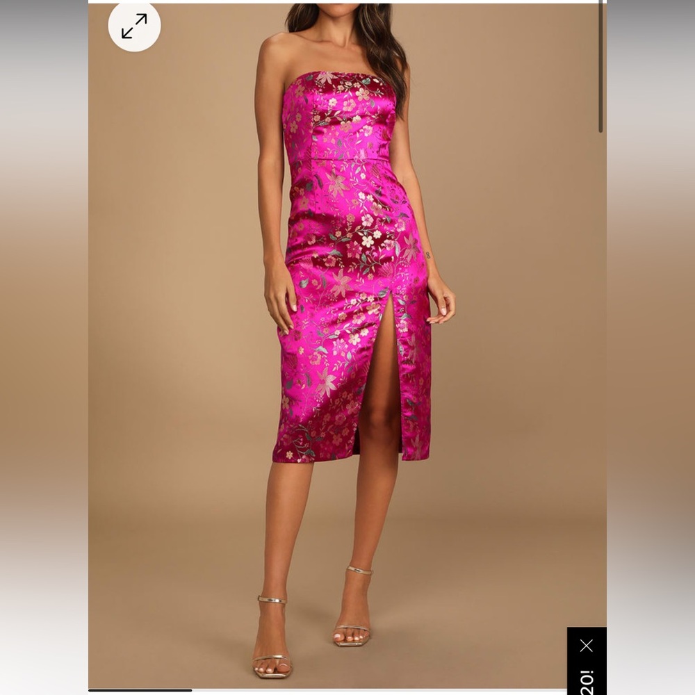 Lulus Make A Move Magenta Satin Floral Jacquard Strapless Dress